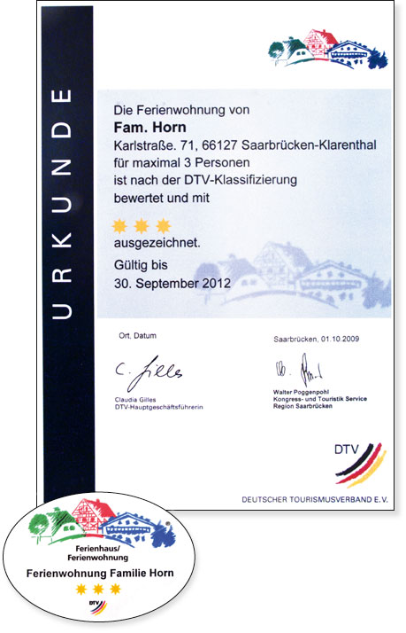Urkunde (3 Sterne) des Deutschen Tourismusverbandes DTV